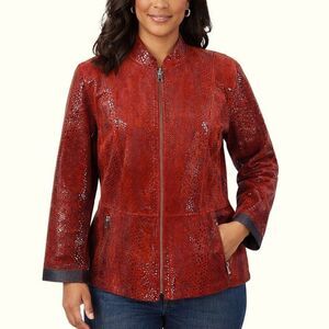 Chico’s Red Leather Reversible Peplum Jacket Size 2 (12) Red Embossed Leather